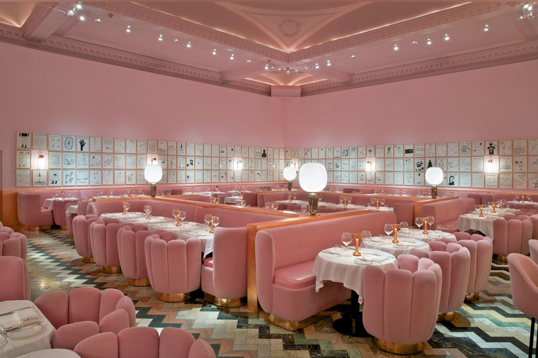 Pink velvet banquettes