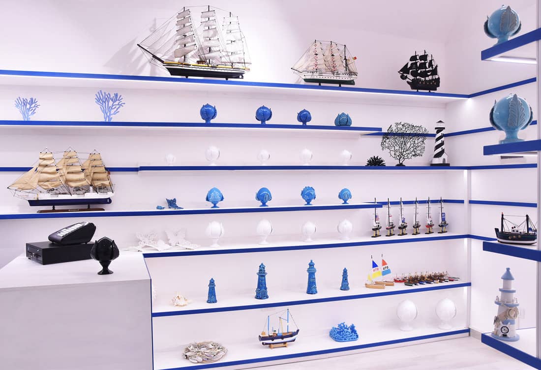 Minimalist white-and-blue store