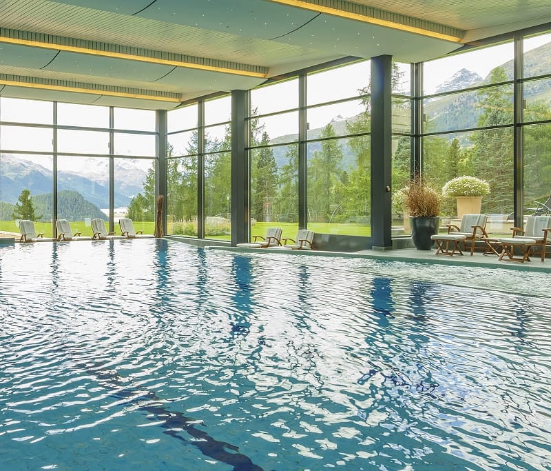 Indoor heated pool with glass walls