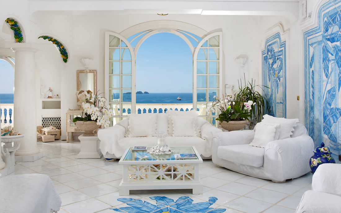 White and blue living room