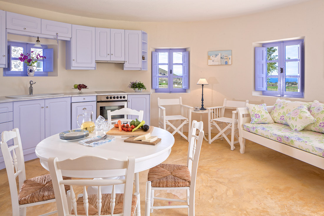 Kitchen with purple furniture