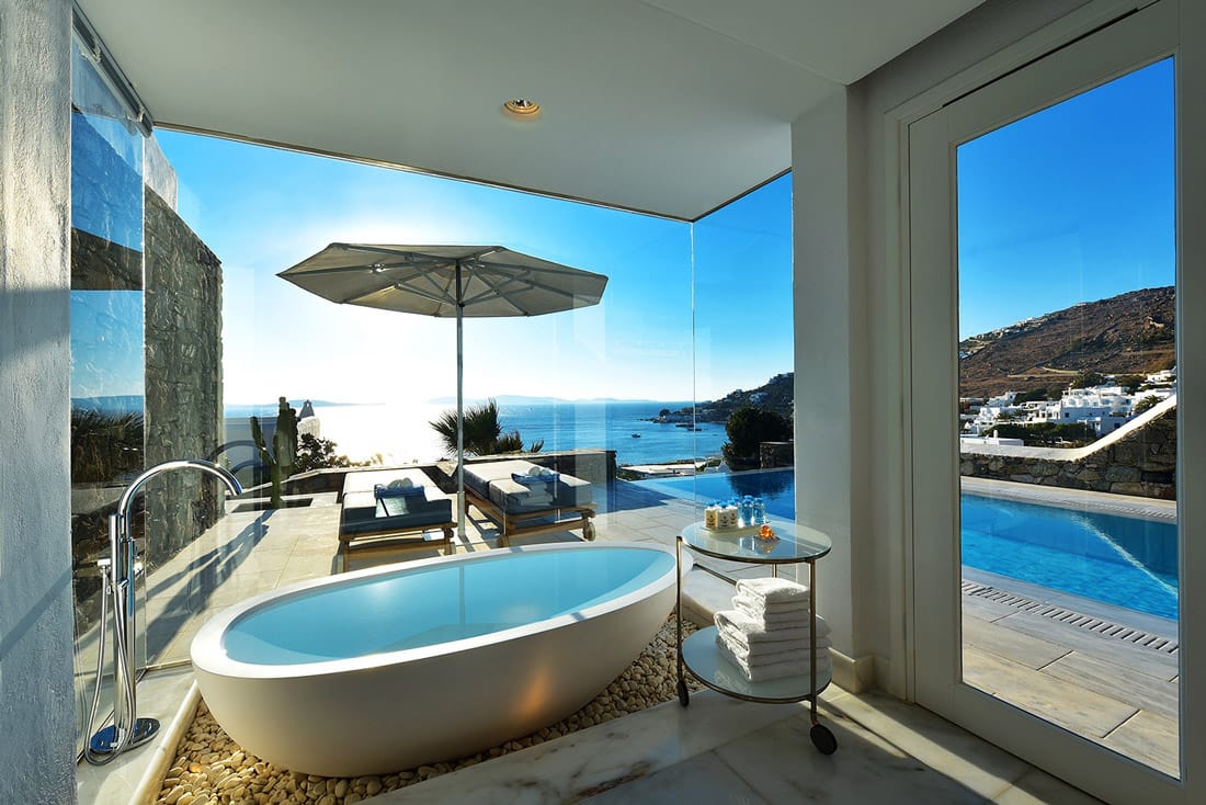 Bathroom surrounded by glass walls