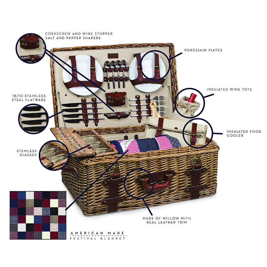 Picnic Basket Set of 2 Pieces, with Insulated Cold Storage Bag and Tableware Service Set, Wooden Lid and Handle, Wicker Picnic Basket, with Lining Aug